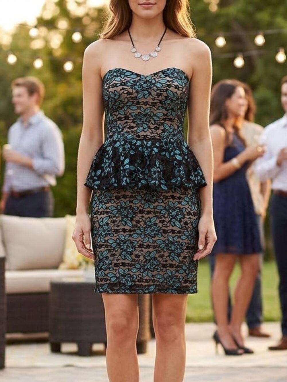 O'-Sher Strapless Lace Peplum Dress Black Blue Size Medium Party Cocktail